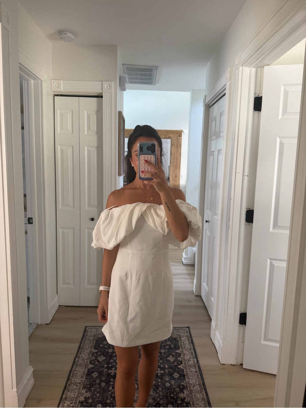 White Off-Shoulder Ruffle Mini Dress - Picture 3 of 5